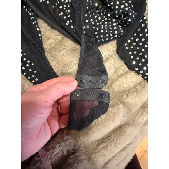 Rhinestone Mesh Bodysuit Black Long Sleeve Mock Neck Studded Crystal Top Large - Picture 3 of 5